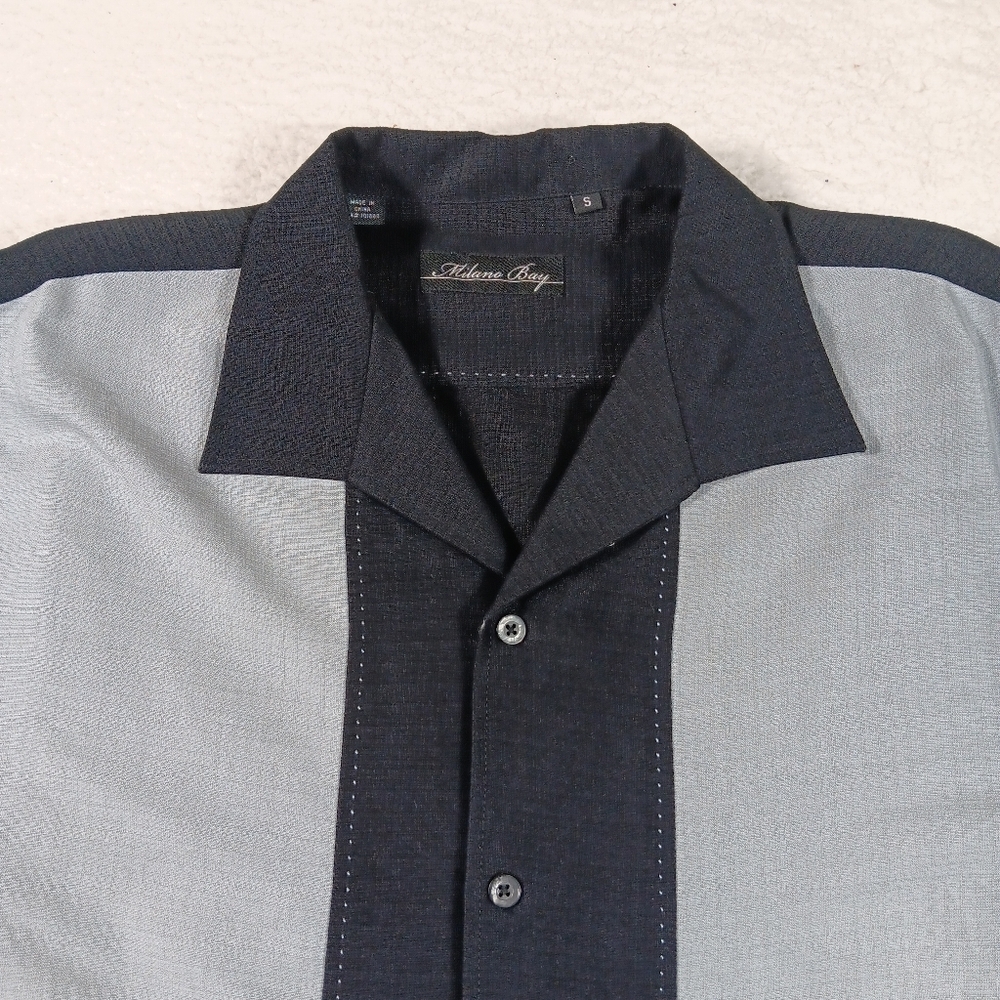 Milano Bay Shirt Mens Small Black Gray Bowling Havana Cuban Collar Camp Rayon - Picture 4 of 8